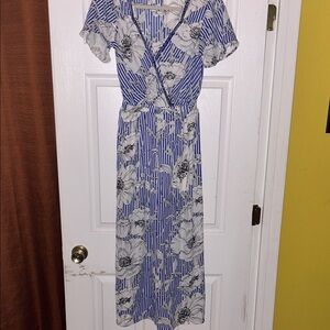 Sienna Sky Blue & White Floral Stripe Wrap Maxi Dress